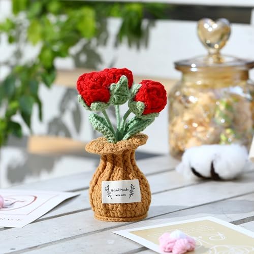 Crochet Rose Flower Potted Plant – Red, Valentines Day Gift for Her, Handmade Knitted Romantic Desk Decor - Image 2