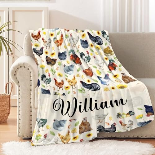 Chickens Personalized Name Blanket Gift for Boy Girl, Chickens Watercolor Custom Name Throw Blanket for Hen Chicken and Rooster Lovers Soft Lightweight 40"x50" for Kid for Sofa,Bed and Living Room by Gopaka