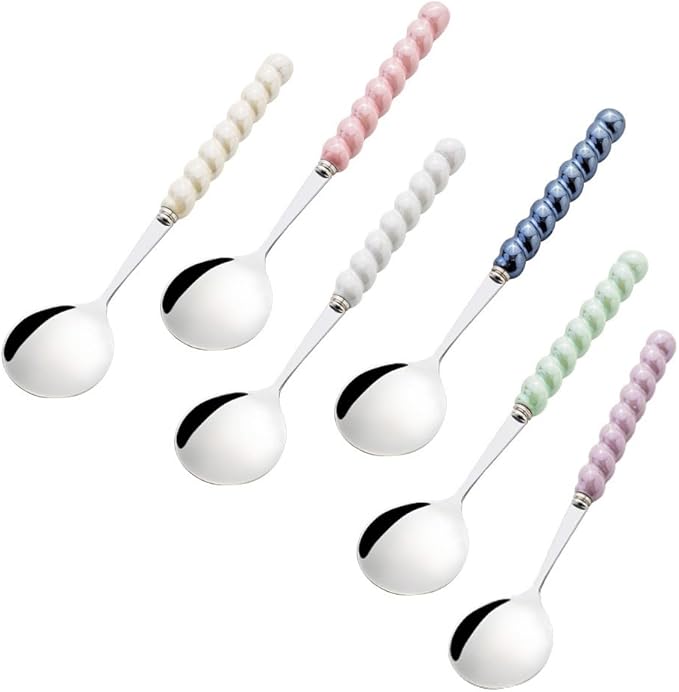 (6 Pieces) 7.48 Inch Exquisite Ceramic Spoon Household Stainless Steel Eating and Drinking Soup Spoon Coffee Spoon Tea Spoon (Mixed)