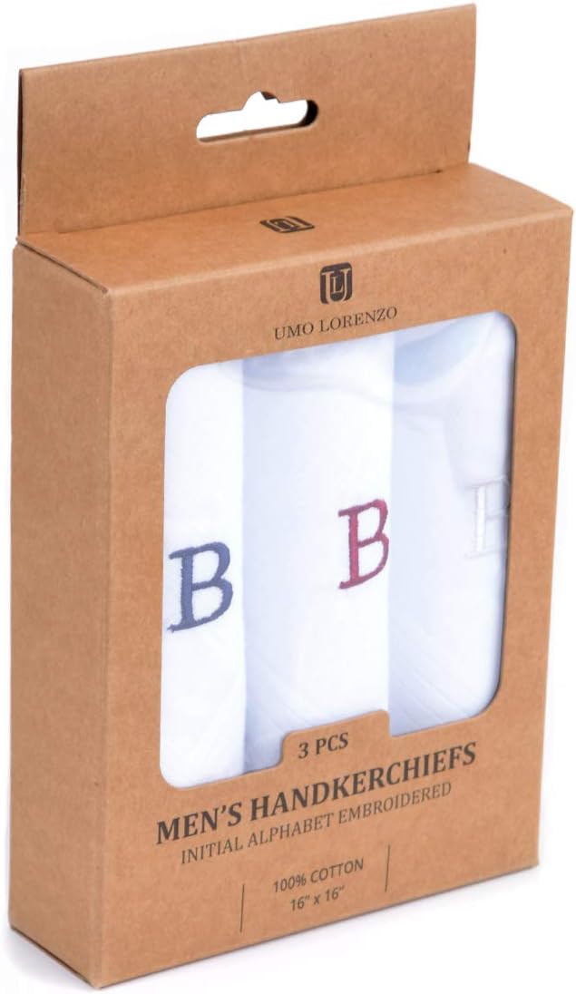 Initial Handkerchief for Men, Monogrammed Boxed 3 Piece Set,100% Cotton