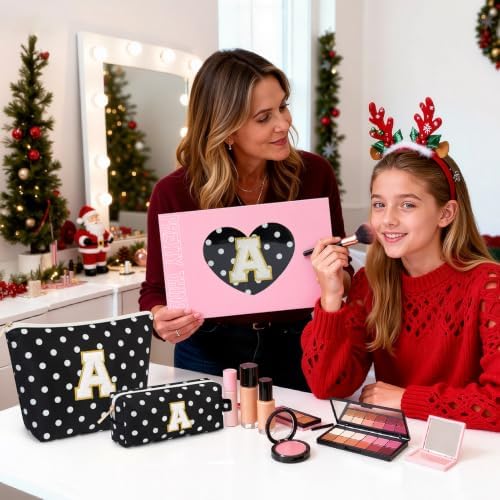 mibasies 2 PCS Initial Makeup Bags for Women: Cosmetic Bag for Travel Toiletry - Birthday Gifts for Teen Girl Gifts Trendy Stuff - Graduation Teacher Gift for Girlfriend -Polka Dot Black A - Image 2