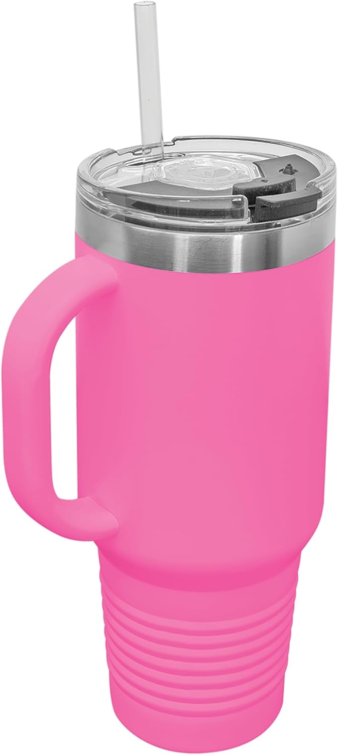 LaserGram 40oz Vacuum Insulated Travel Mug with Handle, Cup of Coffee, Personalized Engraving Included (Pink)