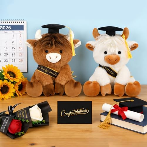 2026 Graduation Plush Toy- White Highland Cow with Gift Box Stuffed Animal - Image 5