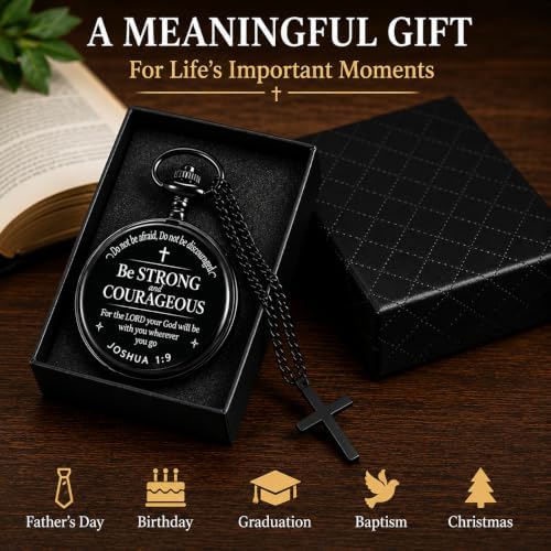 Udaney Jofanvin Christian Gifts for Men, Bible Verse Engraved Pocket Watch and Cross Necklace Set, Religious Graduation Baptism Birthday Gift for Son Grandson Dad, - Image 4