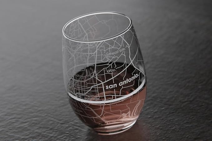 Well Told Engraved San Antonio Texas Glass, Etched City Map Stemless Wine Glass (15 oz, Clear) - Custom Gift for Wine Lovers