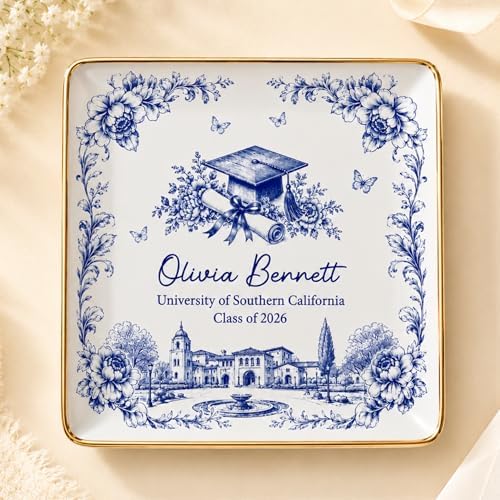 Wrappiness Personalized Graduation Trinket Tray for Girl Women - Toile de Jouy Custom College High School Ring Dish Grad Gift for Daughter, Class of 2026 Graduation Gift for Her Ceramic Jewelry Dish by Wrappiness