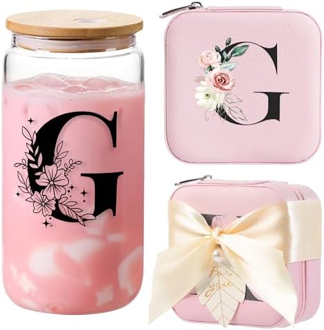 AYGXU Travel essential jewelry box,16oz Glass Cups with Bamboo Lids and Straws set,Personalized Jewelry Boxes for Women Girls,Travel Gifts for Women,Birthday Gifts for Girls,Initial G pink by AYGXU