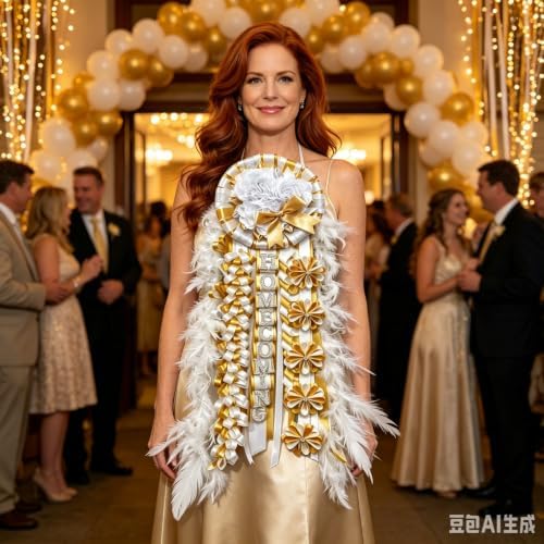 31'' Advanced Large Homecoming Mum Supplies Luxury Silk Homecoming Mum Flower with Feather Gold White Satin Ribbon Senior Night Back to School Week Party Decor - Image 2