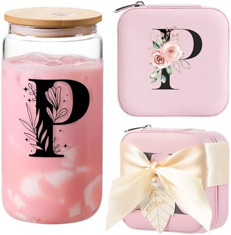 AYGXU Travel Jewelry Organizer, 16oz Glass Cups with Bamboo Lids, Aesthetic Coffee Cups, Graduation Travel Essentials Small Jewelry Box, Personalized Jewelry Boxes for Women, Initial P Pink by AYGXU