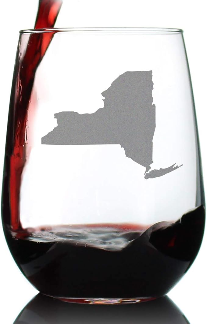 Bevvee New York State Outline Stemless Wine Glass - State Themed Drinking Decor and Gifts for New Yorker Women & Men - Large 17 Oz Glasses