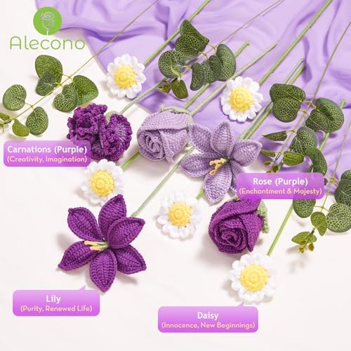 Alecono Large Purple Crochet Flower Bouquet Knitted Lily Floral Set - Image 5