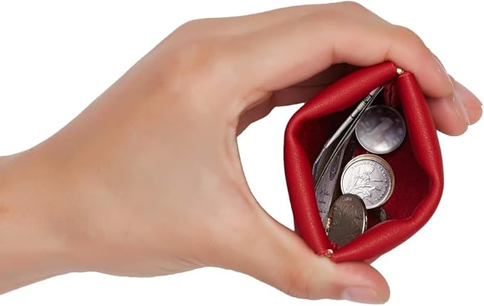 Squeeze Coin Purse Genuine Leather Wallet Compact Change Holder Travel Pouch for Women Gift Box (Red)