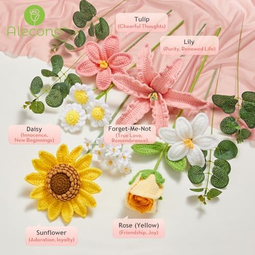 Alecono Large Crochet Flower Bouquet Pink Handmade Sunflower Floral Set - Image 4