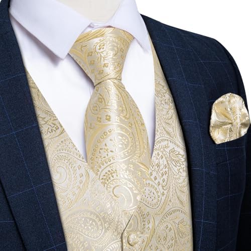 DiBanGu Mens Vest and Tie Set Formal Paisley Waistcoat and Necktie Pocket Square Cufflinks Silk Suit Vest for Tuxedo Wedding - Image 3