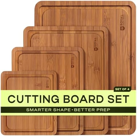 ROYAL CRAFT WOOD Wooden Cutting Boards for Kitchen Meal Prep & Serving - Bamboo Non Toxic Cutting Board Set with Deep Juice Groove Side Handles - Charcuterie & Chopping Butcher Block for Meat (4 Pcs) by ROYALCRAFTWOOD