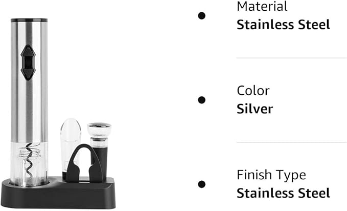 CIRCLE JOY 5-in-1 Electric Wine Opener Gift Set Stainless Steel Electric Wine Bottle Opener Battery Operated Corkscrew with Foil Cutter, Wine Pour, Wine Stopper and Storage Base, Silver