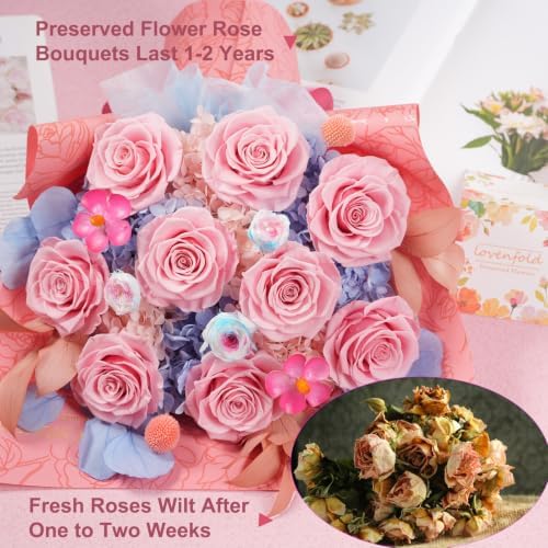 Lovenfold Flowers for Delivery Preserved Flowers Bouquet 9 Roses Bouquet,birthday Gifts for Women Mom Grandma(9 Pink Roses) - Image 3