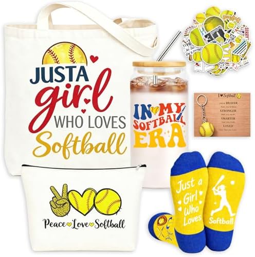 Softball Gifts for Girls Women with 16OZ Jar Glass Tumbler, Canvas Tote Bag, Makeup Bag, Softball Socks, Keychain & Stickers, Softballs Player Birthday Gift for Team Player Gifts by Jioigftsy
