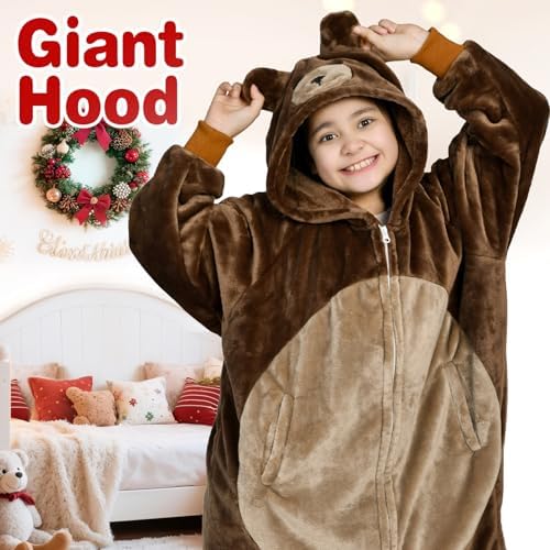 Waitu Bear Wearable Blanket Hoodie Funny Halloween Costumes Birthday Gifts for Women Men Boys Girls, Bear Hooded Blanket Flannel Zipper Hoodie Blanket Cute Gifts for Teens (Kid, Brown) - Image 4