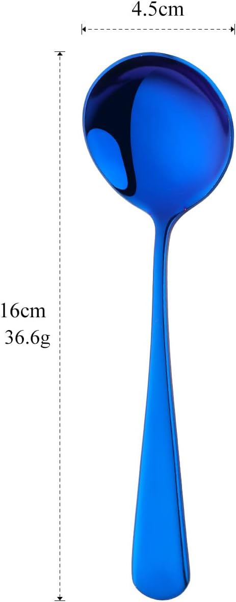 Buyer Star 8 Pieces Stainless Steel Round Soup Spoon, 6.3 Inch Mirror Polished Spoon Cutlery, Dishwasher Safe (Blue)