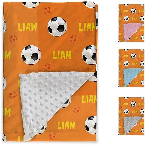 Custom Soccer Blanket - Personalized Name with Soccer Patterns - Soft Plush Flannel Blanket with Double Layer Dotted Backing for Baby Toddler Kids Teen Boys Girls Gifts Orange - Image 2