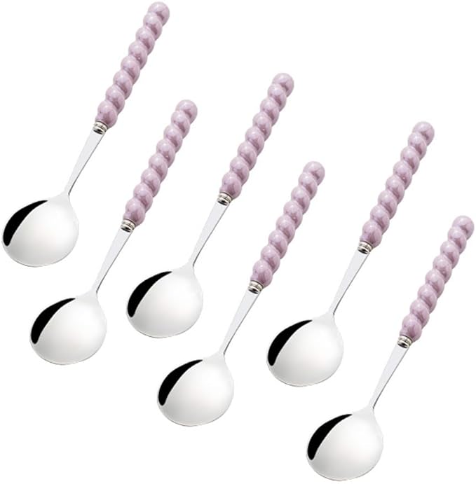 (6 Pieces) 7.48 Inch Exquisite Ceramic Spoon Household Stainless Steel Eating and Drinking Soup Spoon Coffee Spoon Tea Spoon (Purple)