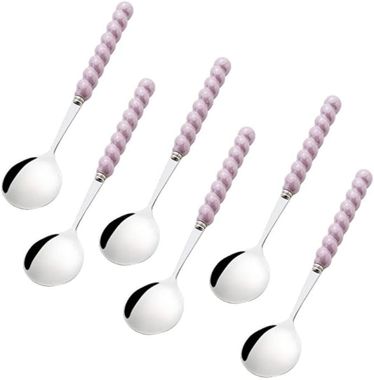 (6 Pieces) 7.48 Inch Exquisite Ceramic Spoon Household Stainless Steel Eating and Drinking Soup Spoon Coffee Spoon Tea Spoon (Purple)