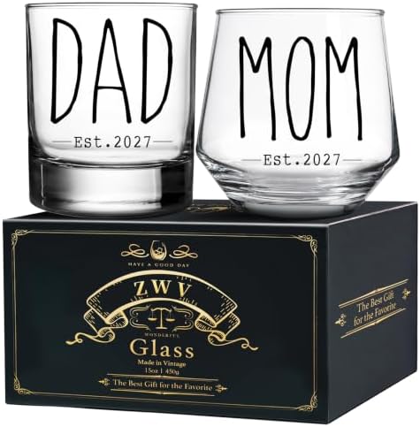 New Parents Glass Gift Set, Dad Mom Est 2027 Novelty Wine Glasses by ZWV