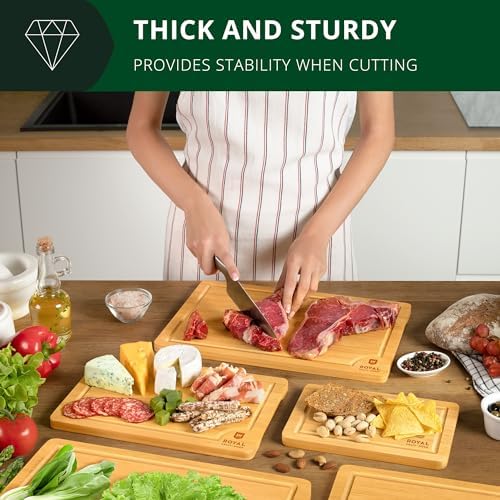 ROYAL CRAFT WOOD Wooden Cutting Boards for Kitchen Meal Prep & Serving - Bamboo Wood Serving Board Set with Deep Juice Groove Side Handles - Charcuterie & Chopping Butcher Block for Meat - Image 4