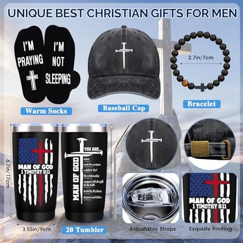 10 Pcs Christian Gifts for Men Faith, Inspirational Religious Gifts, Catholic Gift with 20 Oz Tumbler Bible Verses Crystal Plaque Hat Socks Bracelet Keychain for Husband, Dad, Grandpa, Friends - Image 3