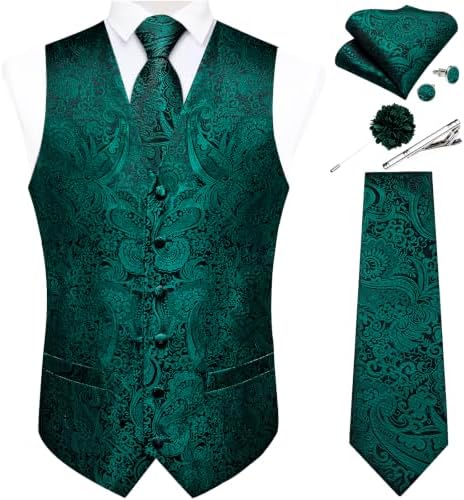 DiBanGu Mens Vest and Tie Set Formal Paisley Waistcoat and Necktie Pocket Square Cufflinks Silk Suit Vest for Tuxedo Wedding by DiBanGu