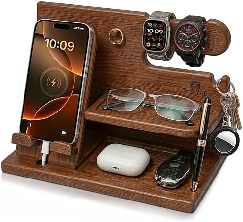 TESLYAR Wood Phone Docking Station for Men - Desk or Nightstand Organizer - Birthday Gifts for Husband or Dad - Anniversary Idea from Wife - Key Holder, Stand Wallet, Watch & Essentials (Earth Beige) by TESLYAR