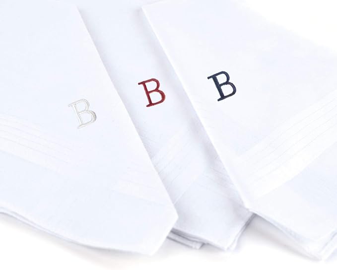 Initial Handkerchief for Men, Monogrammed Boxed 3 Piece Set,100% Cotton