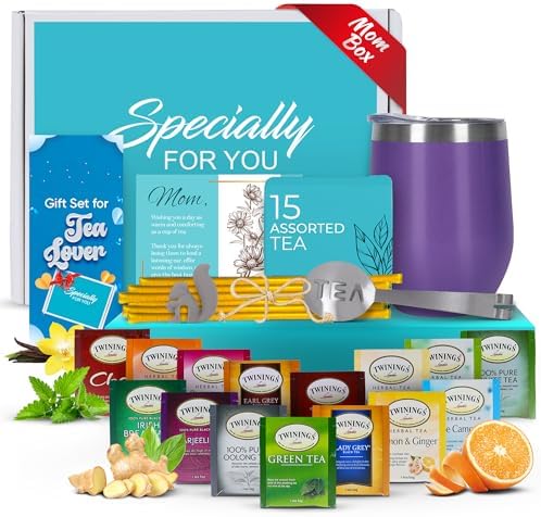 Gift Sets for Tea Lovers Women and Men Tumbler 15 Unique Teas 10 Honey Straws (Mom Card-Purple) by ModernElegance
