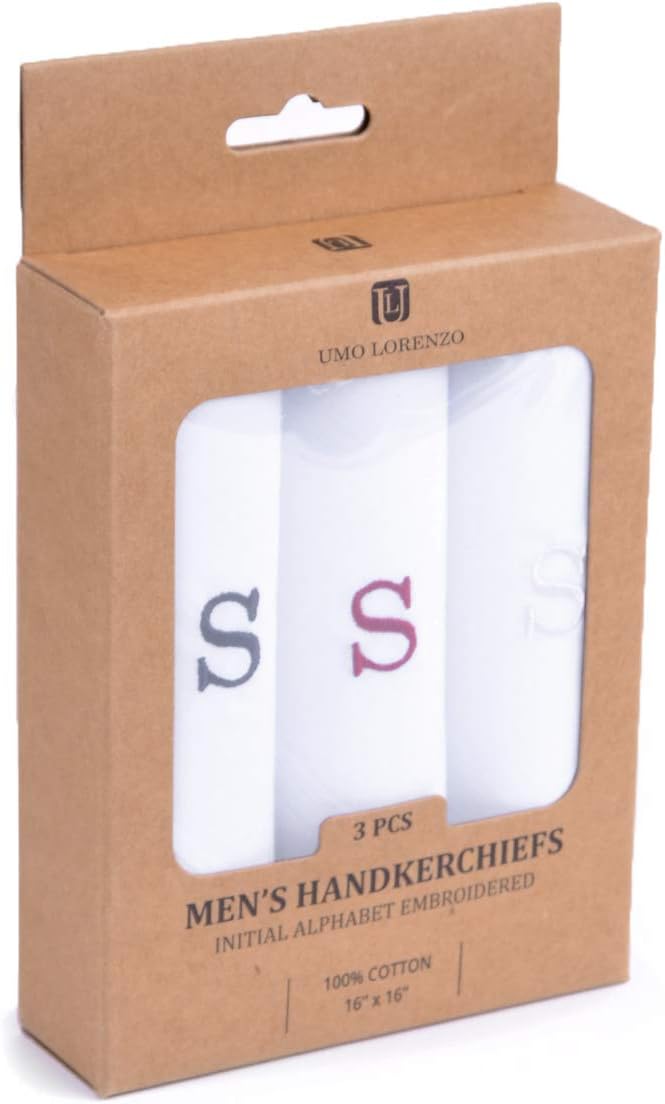 Initial Handkerchief for Men, Monogrammed Boxed 3 Piece Set,100% Cotton