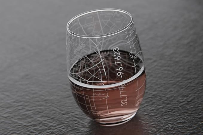 Well Told Engraved Dallas Texas Map Stemless Wine Glass, Etched Glass (15 oz, Clear) City Custom Gifts for Lovers
