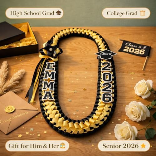 Personalized Graduation Lei 2026 – Custom Name Braided Satin Ribbon Lei Class of 2026 with Varsity Letter Patches & Graduation Cap Charm 12 School Colors | Graduation Gift for Him Her - Image 4