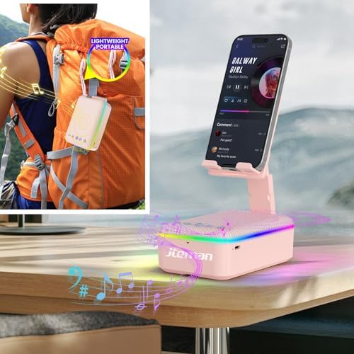 JTEMAN Gifts for Men Women,Cell Phone Stand with Bluetooth Speaker and LED Light,Cool Tech Gadgets,Unique Birthday Gifts for Men Husband Mom Dad-Pink - Image 6