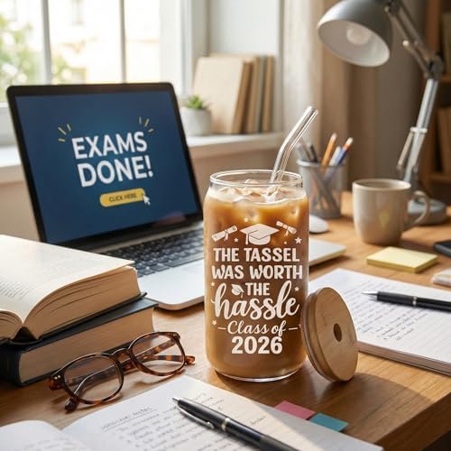Class of 2026 Graduation Glass Cup with Lid & Straw – “The Tassel was Worth The Hassle” Iced Coffee Glass, 16oz Frosted Can-Shaped Cup, Senior Graduation Gift for Him Her, Graduate Party Drinkware - Image 6