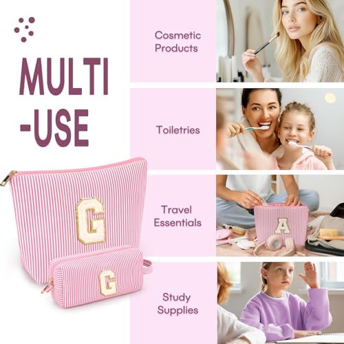 2 PCS Initial Makeup Bags for Women: Cosmetic Bag for Travel Toiletry - Birthday Gifts for 11 12 13 14 15 16 17 18 Years Old Girl Graduation Teacher Gift- Teen Girl Gifts Trendy Stuff - Pink G - Image 4
