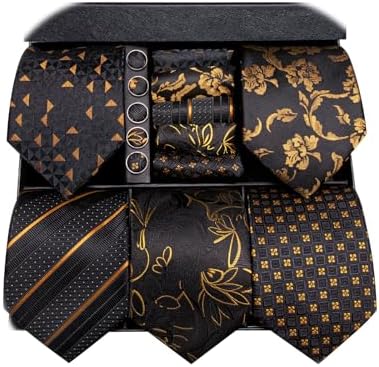 Hi-Tie Lot 5 Pcs Gift Box Mens Tie Set Necktie with Pocket Square Cufflinks Silk Neck Tie Collection by Hi-Tie