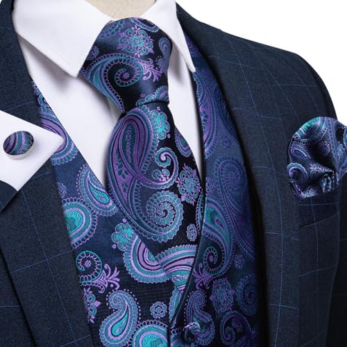DiBanGu Mens Vest and Tie Set Formal Paisley Waistcoat and Necktie Pocket Square Cufflinks Silk Suit Vest for Tuxedo Wedding - Image 2