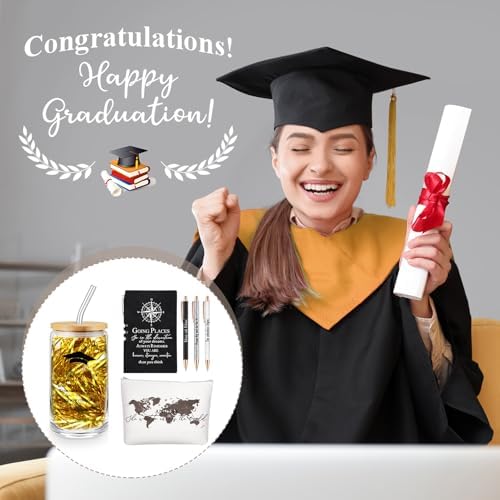 Domensi 6 Pcs Class of 2026 Graduation Gift for Her 16oz Glass Cup Makeup Bag Compass Journal Ballpoint Pens Inspirational Graduation Gift Set for College High School Daughter Sister Friend(Black) - Image 6
