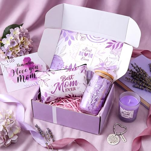 Bokon 6 Pcs Birthday Gifts for Mom Best Mom Ever Gifts Box Set with 16oz Glass Cup Scented Candle Makeup Bag from Daughter Son for Wife Mother Day Party(Purple) - Image 5