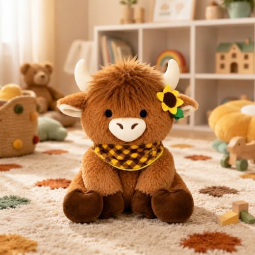 Sunflower Highland Cow Plush- Cow Stuffy Checkered Handkerchief Decor - Image 5