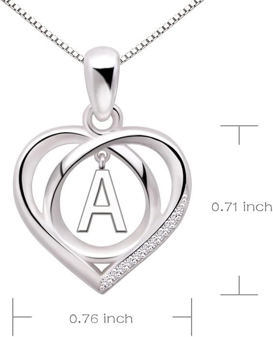 ALOV Jewelry Sterling Silver Initial Letter Alphabet Love Heart Cubic Zirconia Pendant Necklace