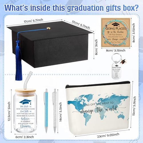 Vesici 8 Pcs Class of 2026 Graduation Gift Box Set for Women Her Grad Cap Box Glass Cup Makeup Bag Bracelet Pen Keychain College High School Graduation Gift for Daughter Sister Friend(Blue) - Image 2