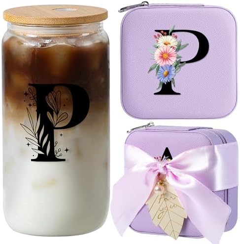 AYGXU Travel Jewelry Organizer,16oz glass cups with bamboo lids,aesthetic cups,coffee cups,Graduation Travel Essentials Small Jewelry Box,Personalized Jewelry Boxes for Women,Initial P purple by AYGXU