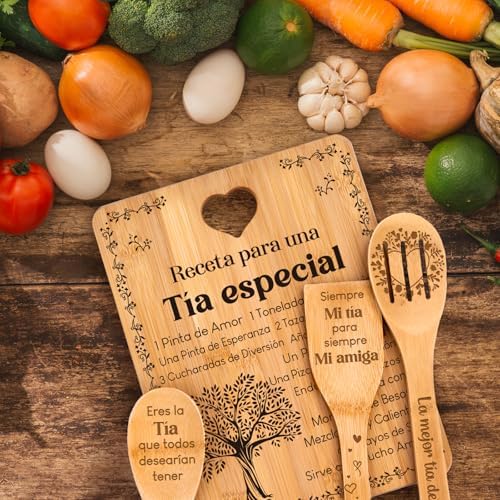 Regalos de cumpleaños para Tía - "Receta para una Tía especial". Juego de tablas de cortar y utensilios de bambú grabados. Regalos de cumpleaños para Tía. Spanish Aunt Cutting Board - Image 7