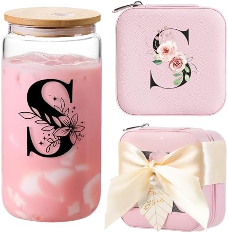 AYGXU Initial glass cups with lids and straws,personalized gifts for women,iced coffee cups,travel jewelry case organizer,small jewelry travel case,jewelry box for girls.Initial S pink by AYGXU